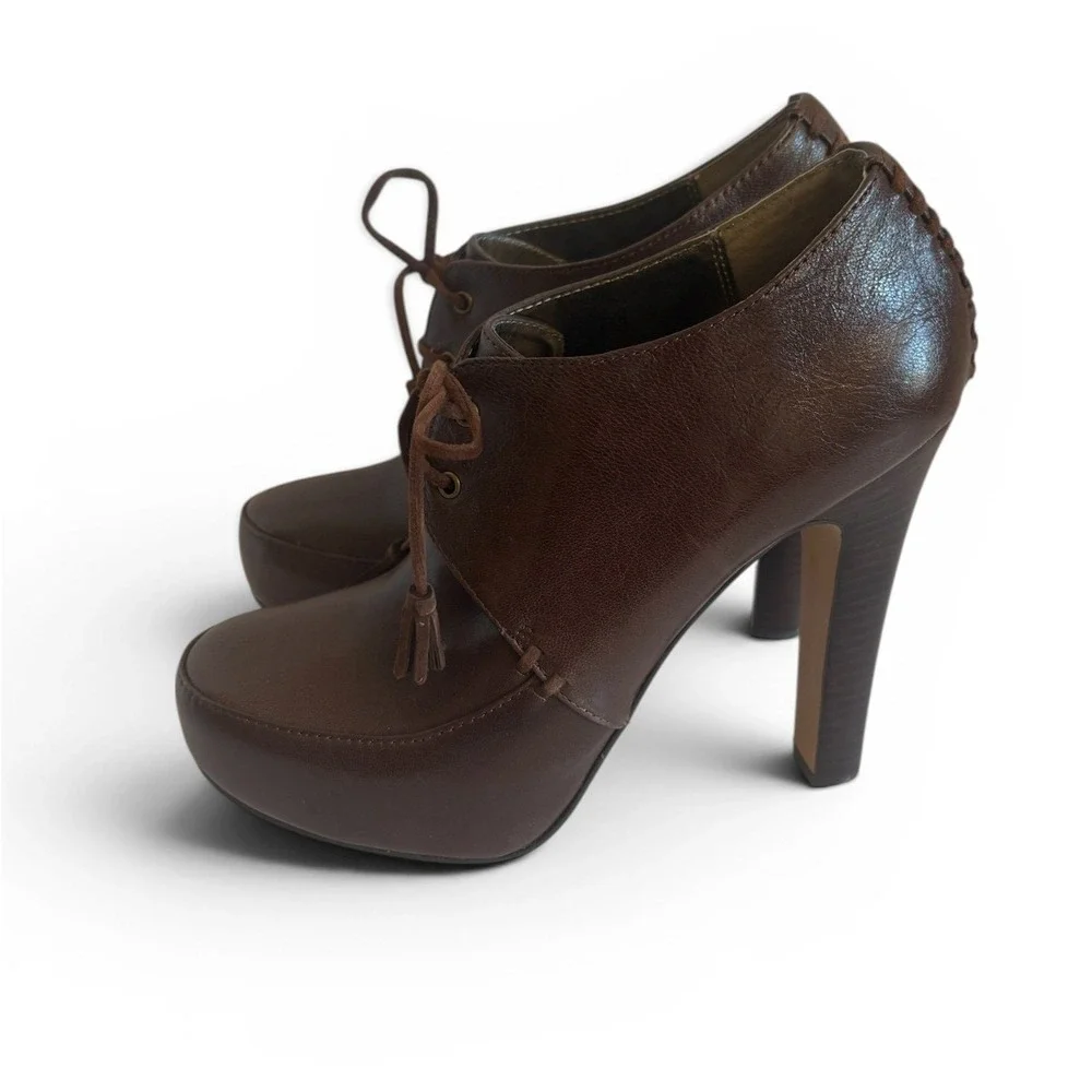 Carlos Falci Lauren Brown Leather Tassel‎ Lace Up Platform Ankle Booties 6.5M